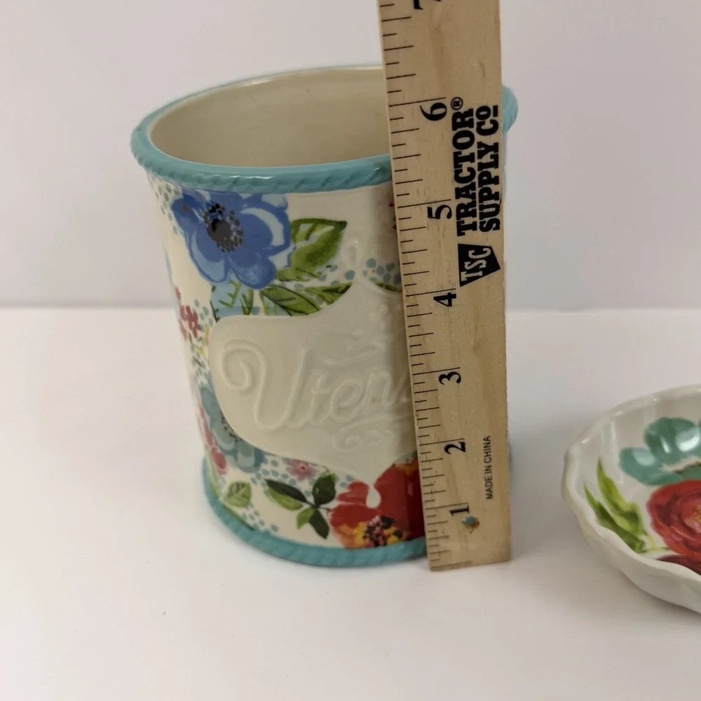 Pioneer Woman Melody Floral Mini Utensil Holder Crock Spoon Rest Knife Set